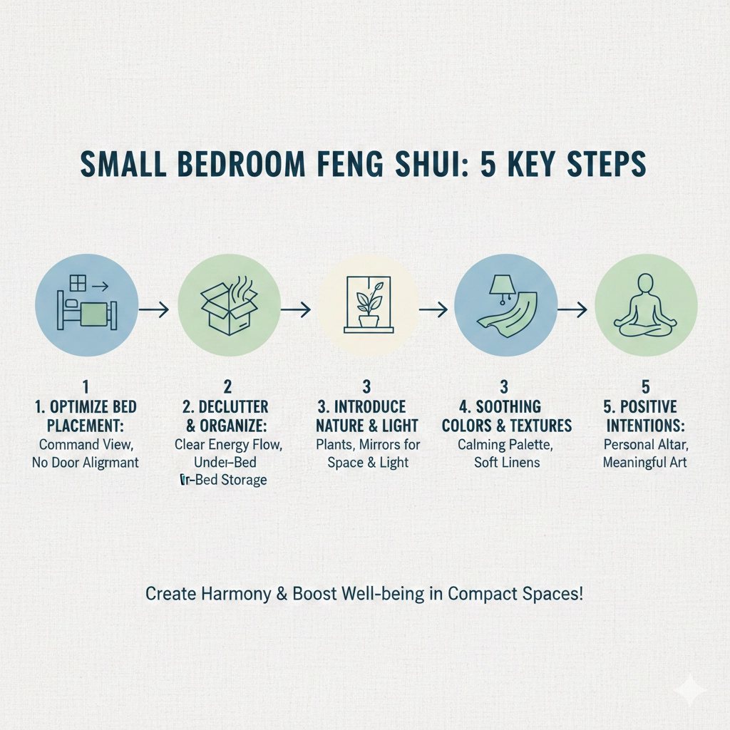 Infographic summarizing the 5 key steps for small bedroom Feng Shui