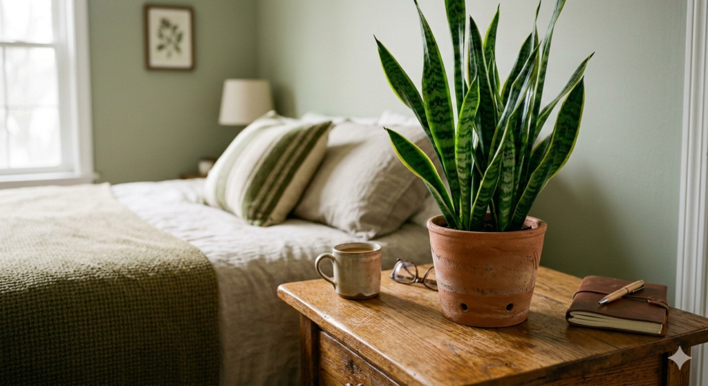 A close-up of a vibrant Snake Plant on a wooden nightstand, symbolizing the integration of the Wood element for feng shui positive energy activation