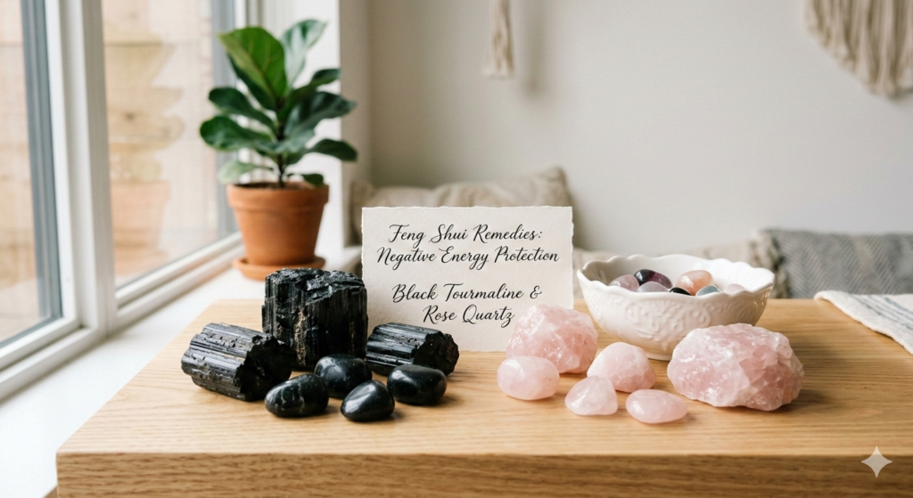 An aesthetic arrangement of Black Tourmaline and Rose Quartz on a clean surface, demonstrating feng shui remedies for negative energy in house protection