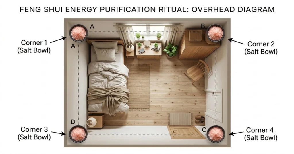 An overhead diagram of a small bedroom showing salt bowls placed in the four corners to illustrate the perimeter of a feng shui energy purification ritual