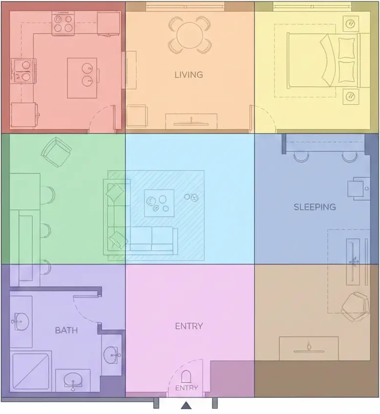 A detailed overhead view of a modern studio apartment floor plan with a semi-transparent colorful 3x3 Bagua grid overlaid, showing the front door aligned with the bottom row.