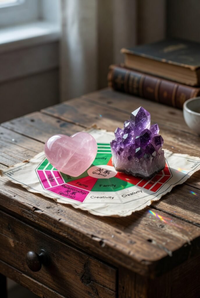Close up of a bedside table with two crystals representing the relationship corner of the Bagua map.
