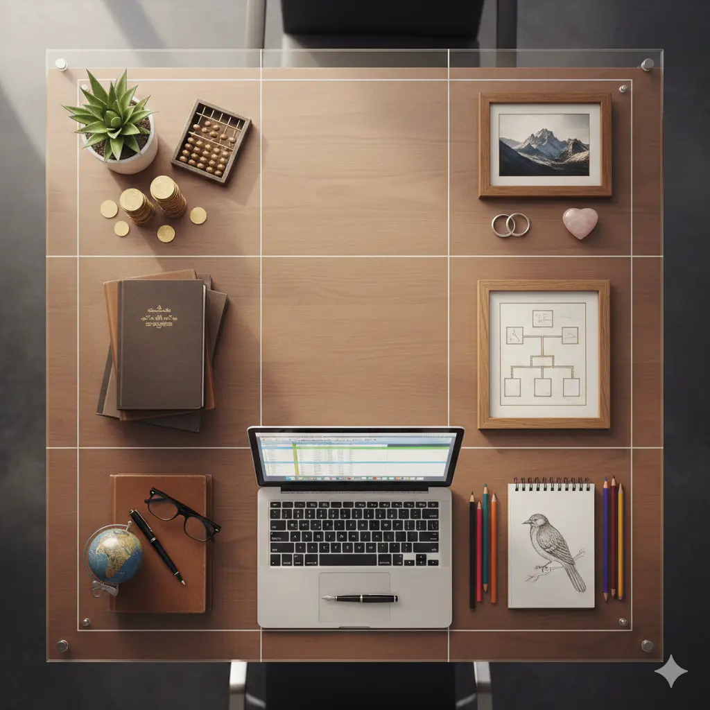 A top-down view of an organized office desk divided into the nine Bagua map sections, showing a small plant in the wealth corner and a clear center area.