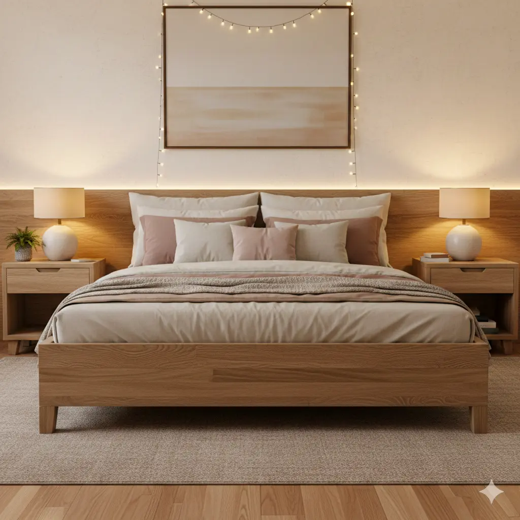 A serene bedroom setup showing a wooden bed frame in the commanding position with two identical nightstands and soft warm lighting to illustrate balance.