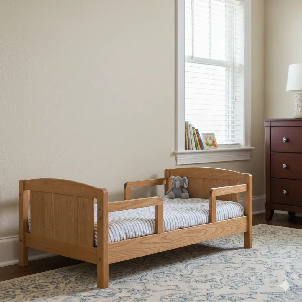 A wooden toddler bed with a solid headboard placed against a sturdy wall in a well-lit room, following the command position
