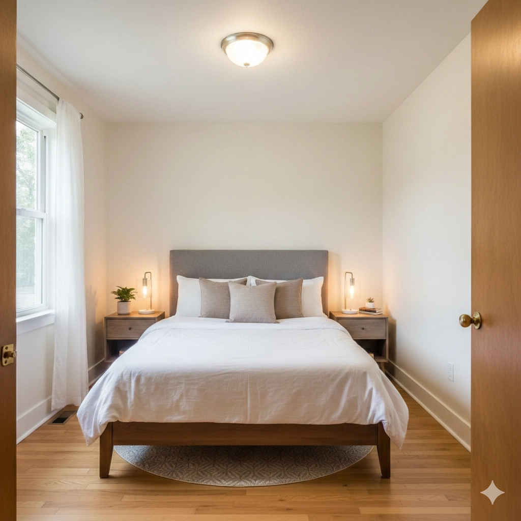 Diagram showing the Command Position for a bed in a small square room with a door and window