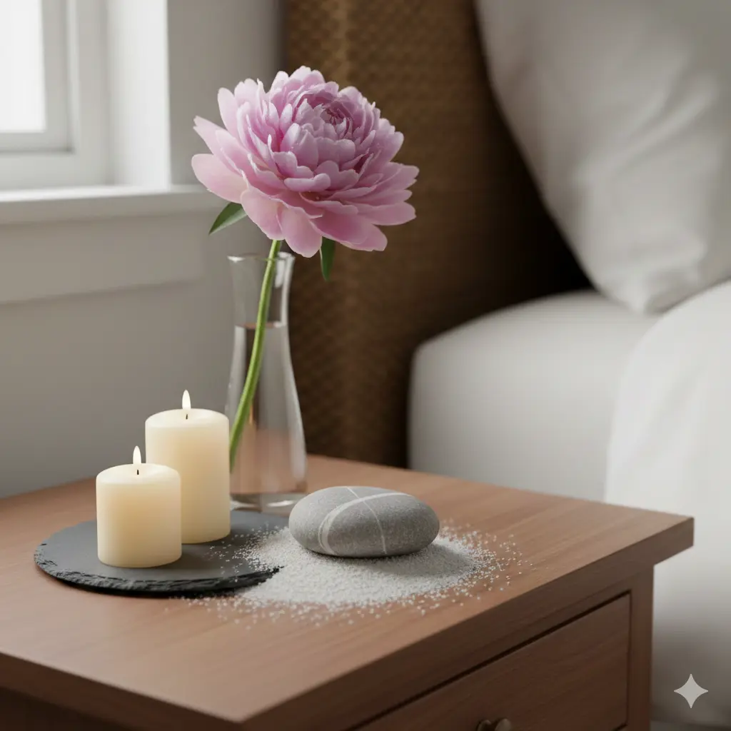 A close-up of a bedside table featuring a pair of small candles, a smooth stone, and a single flower in a vase for elemental balance.
