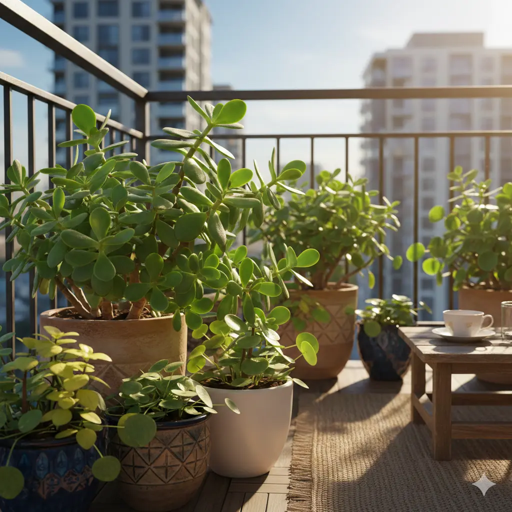 A collection of vibrant Jade plants and rounded-leaf greenery in ceramic pots on a sunny apartment balcony.