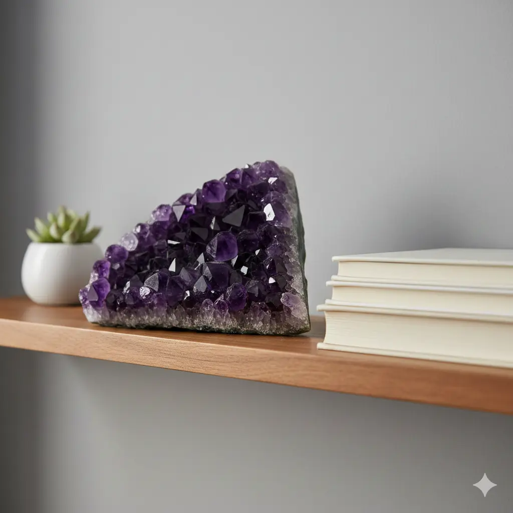 A close-up of an amethyst cluster resting on a wooden shelf next to a stack of books in a minimalist bedroom.