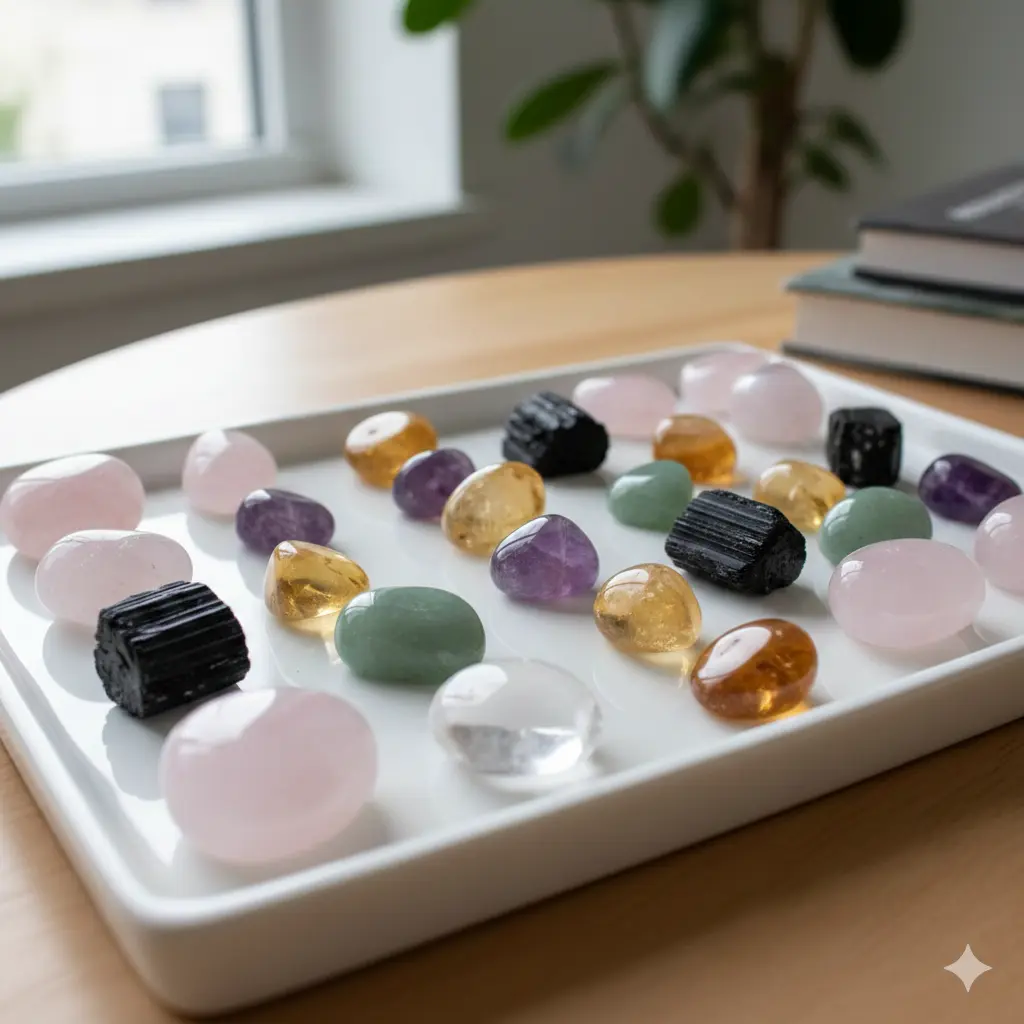 A collection of various tumbled gemstones including rose quartz, citrine, and black tourmaline arranged neatly on a white tray.