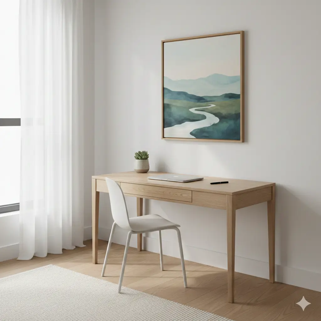 A minimalist home office nook with a simple wooden desk, a white chair, and a single piece of calm landscape art.
