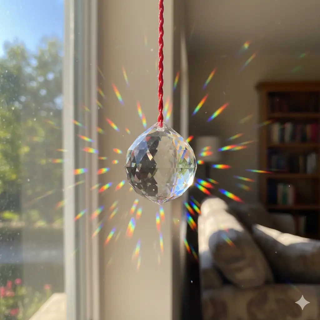 A close-up of a clear, multi-faceted crystal sphere suspended by a red string in a window, casting small rainbow light patterns across a living room wall.