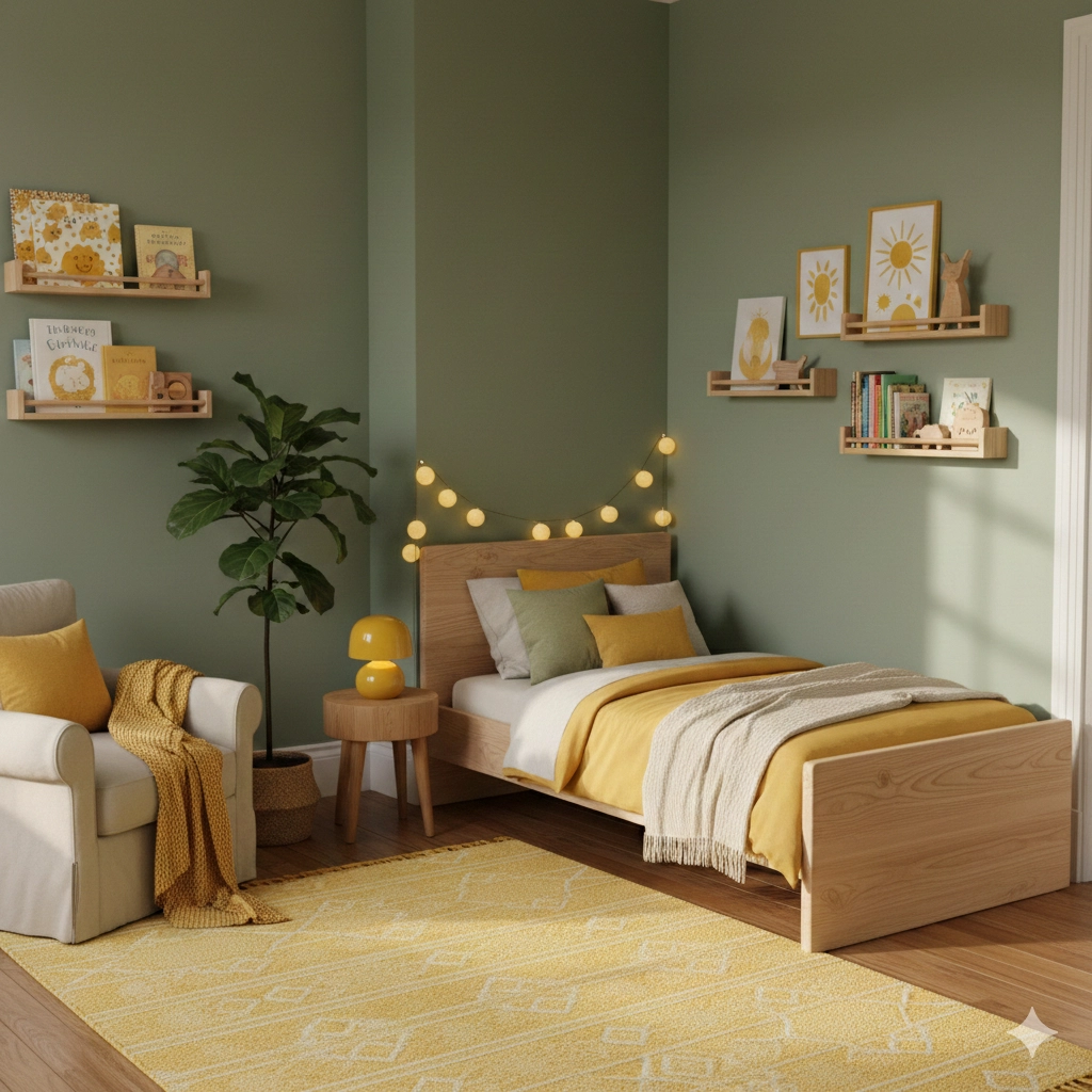 A cozy child's bedroom painted in soft sage green with natural wood furniture and warm yellow accents.