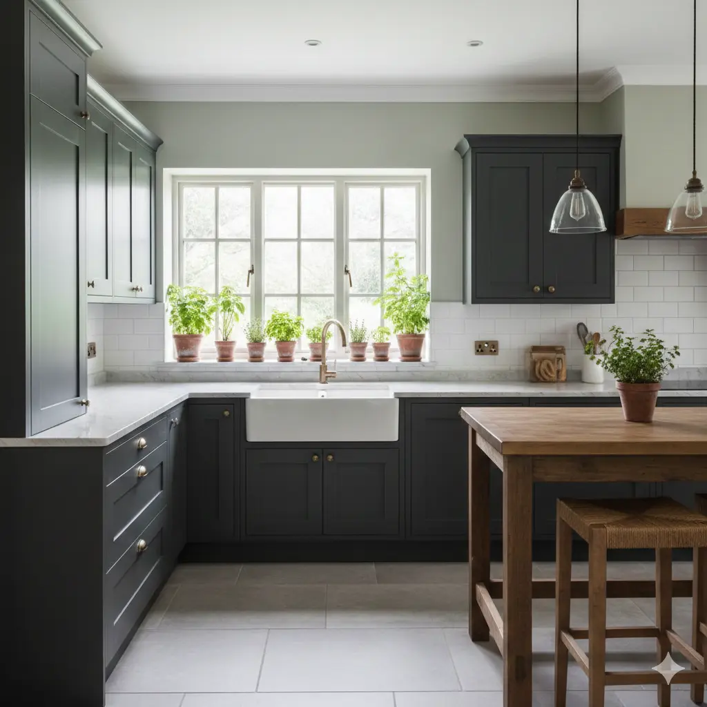 A kitchen with dark charcoal cabinets balanced by pale sage green walls and a small herb garden on the windowsill.