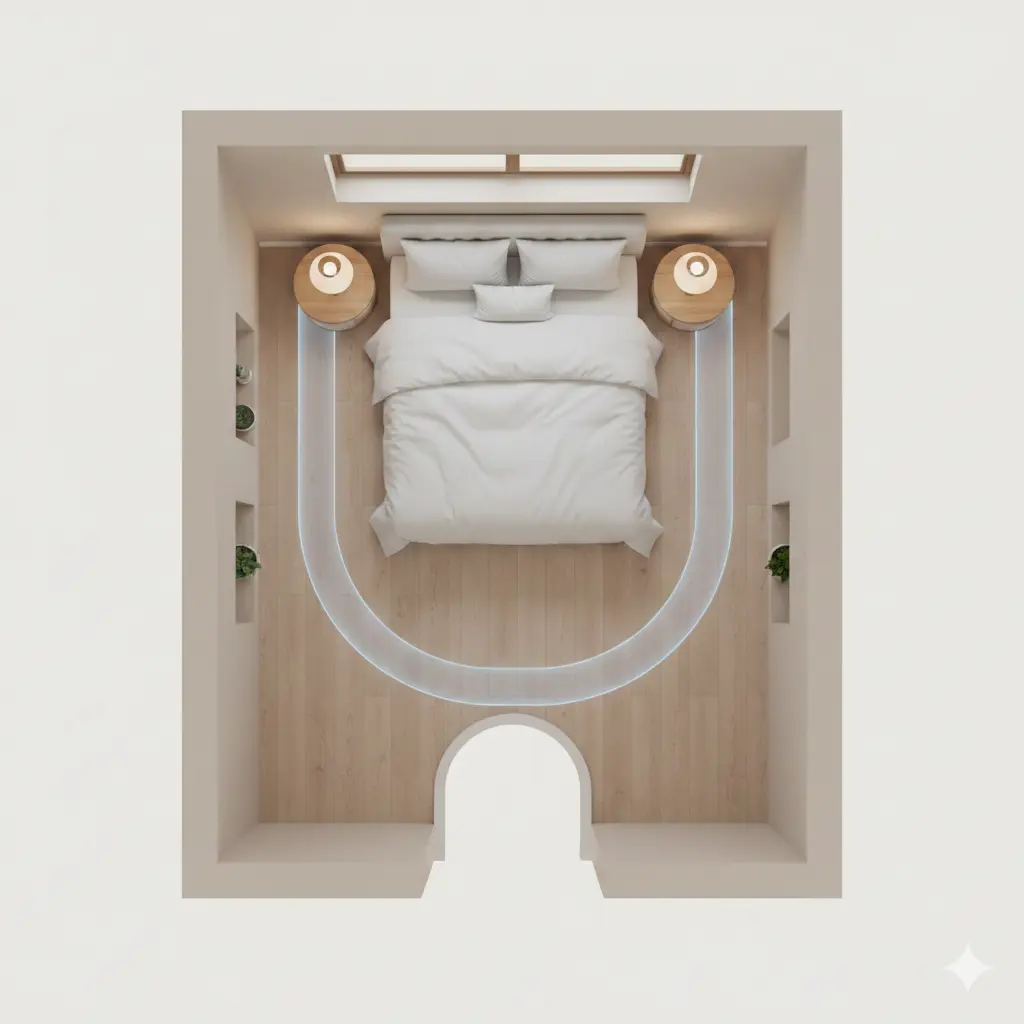 A top-down 3D floor plan of a small bedroom showing symmetrical nightstands and a clear path for energy flow around the bed.