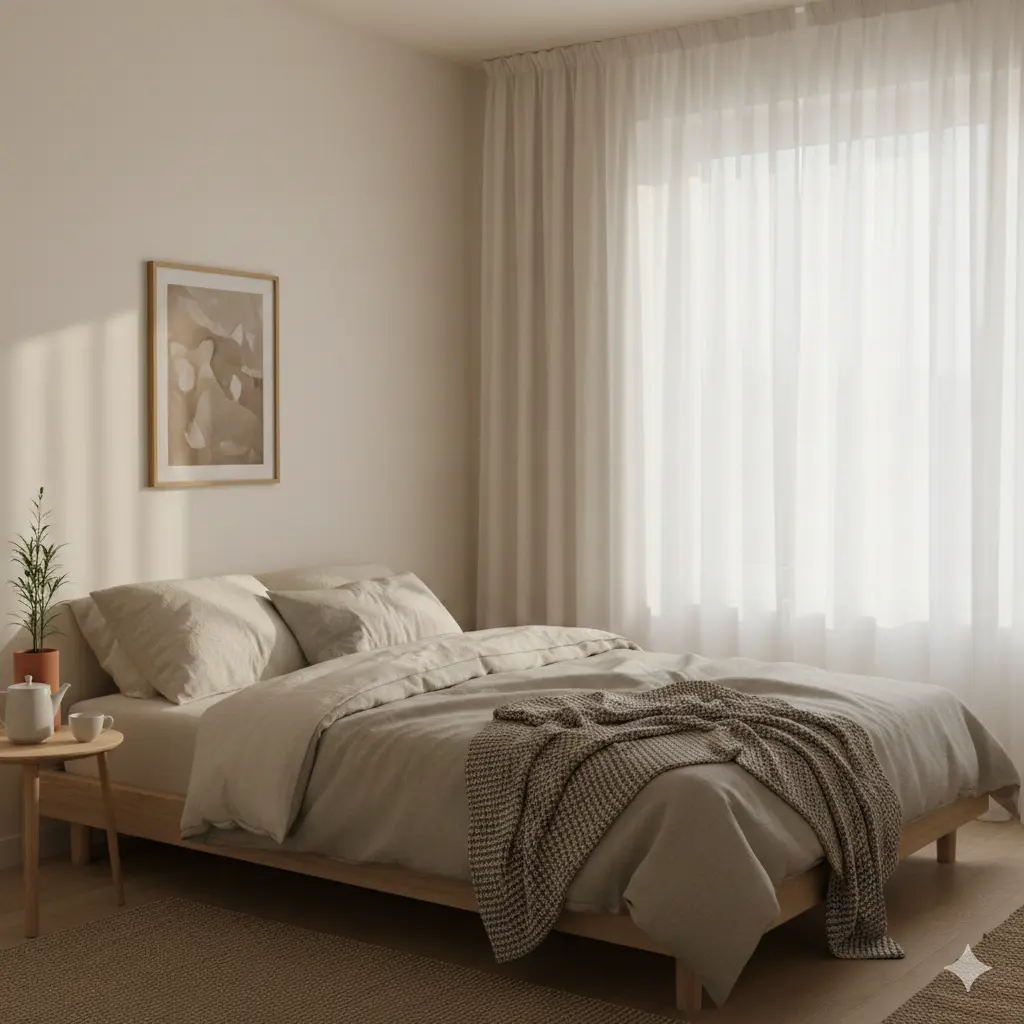 A serene, minimalist small bedroom with a low-profile bed, neutral tones, and soft sunlight filtering through sheer curtains to illustrate peaceful Chi.