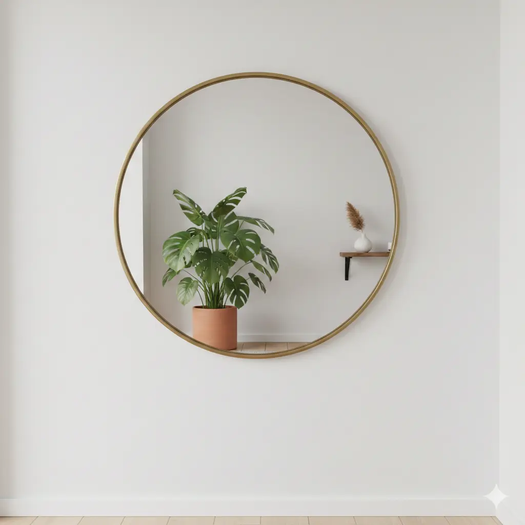 A large round mirror placed on a wall reflecting a healthy Potted Monstera plant, expanding a small minimalist hallway.