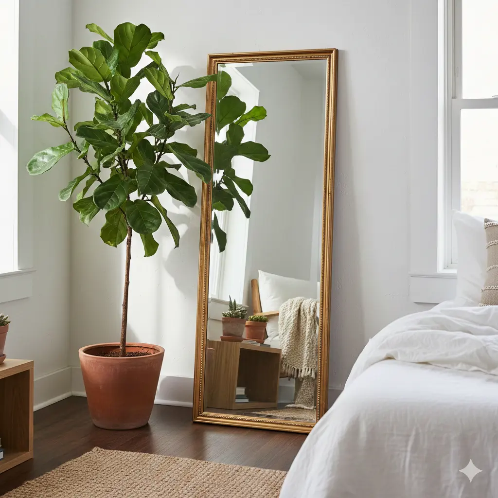 A stylish full-length mirror positioned to reflect a healthy green plant rather than the bed, enhancing the room's vitality.