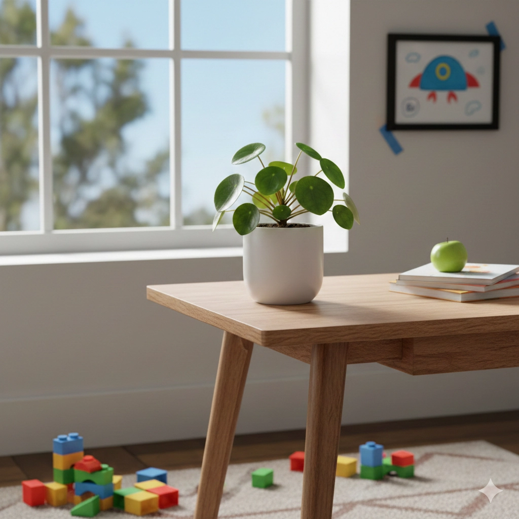 A small, rounded-leaf potted plant sitting on a wooden desk near a window in a child's bedroom.