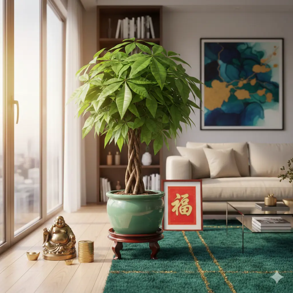 A vibrant green Pachira Aquatica in a round ceramic pot, placed in the wealth corner of a bright, modern living room.