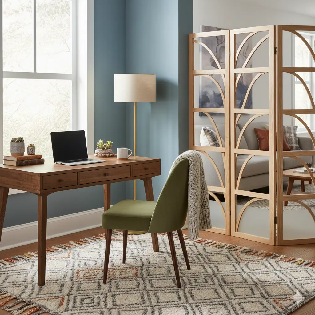 A cozy home office nook with a textured area rug under the desk and a small partition screen separating the workspace from the rest of the room.