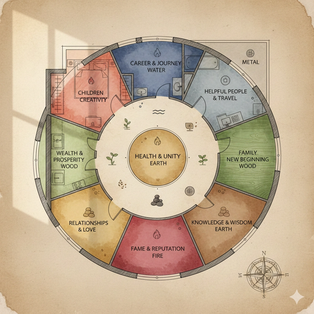A simplified Feng Shui Bagua map overlaid on a small apartment floor plan showing the five elements.