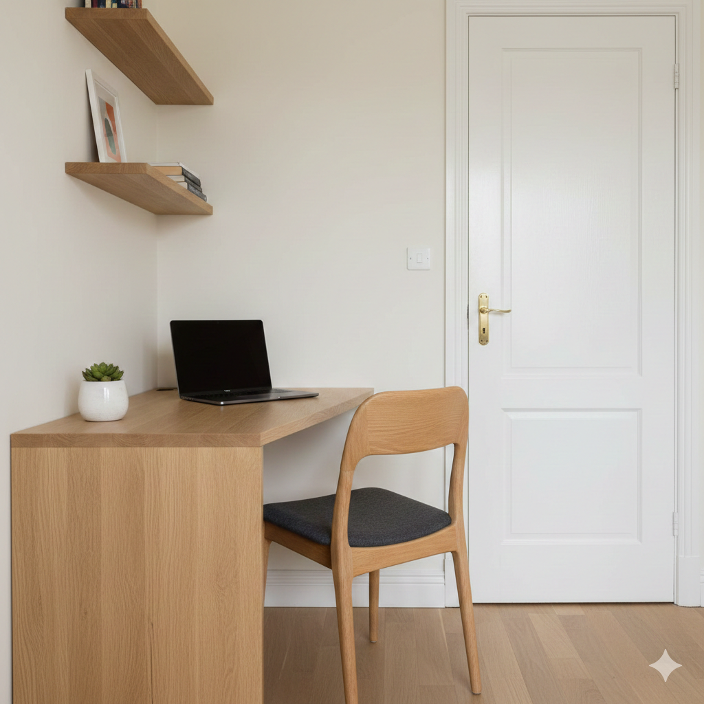 A minimalist wooden desk positioned diagonally facing a bedroom door with a solid wall behind the chair, illustrating the command position in a small space.