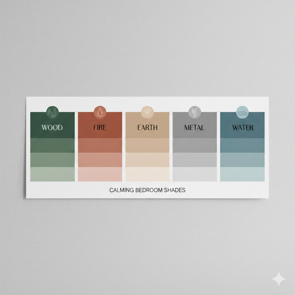 Color chart showing the five elements and their corresponding calming shades for a bedroom