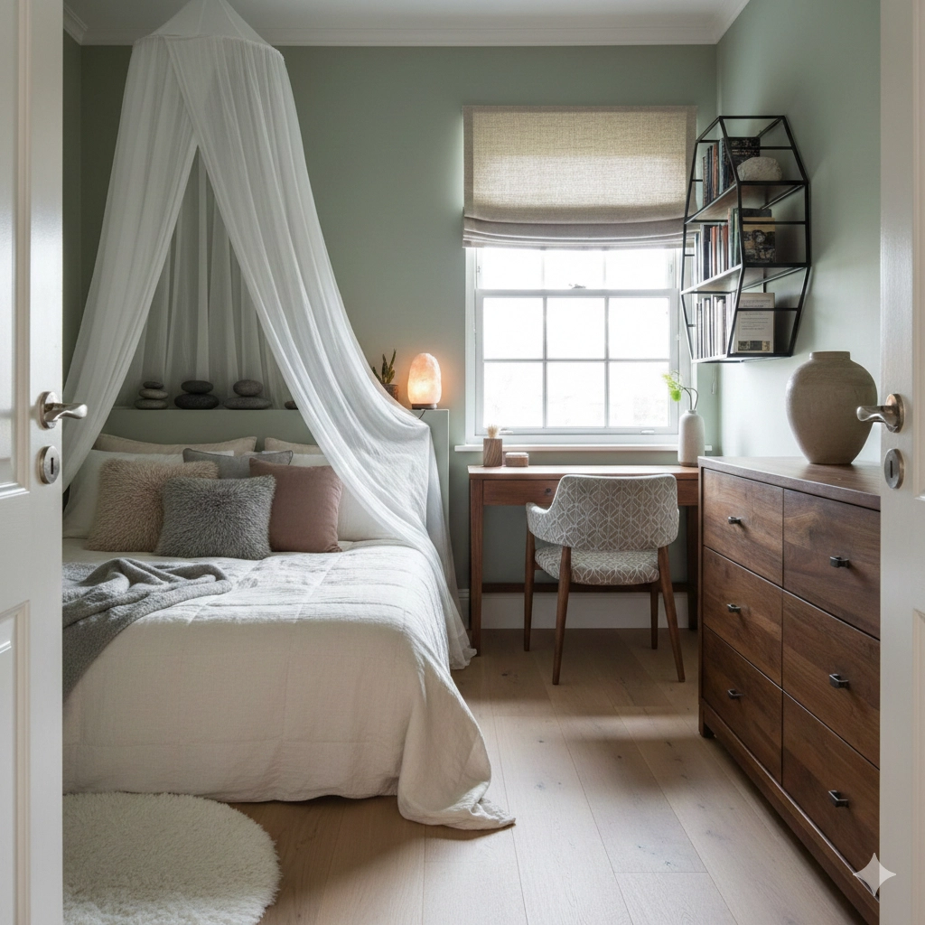 A small bedroom showing a balance of soft Yin textures and solid Yang furniture for feng shui harmony.