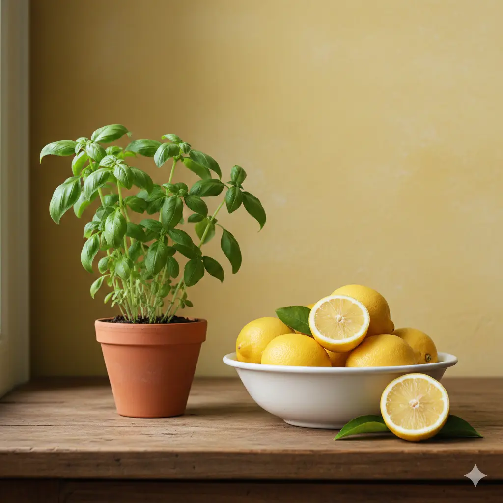 A close-up of a kitchen counter with a small basil plant and a bowl of fresh lemons against a soft yellow wall.