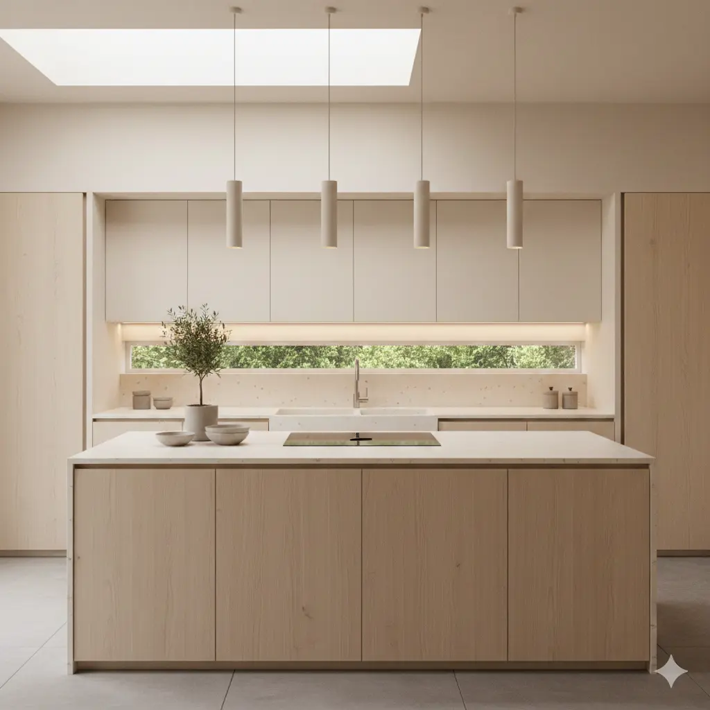 A modern minimalist kitchen featuring soft sand-colored walls and light wood cabinetry to represent Earth and Wood elements.