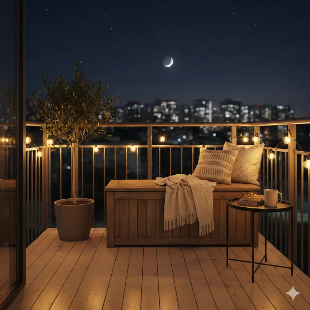 A cozy balcony at night with warm string lights, a wooden storage bench, and a clean, clutter-free floor.
