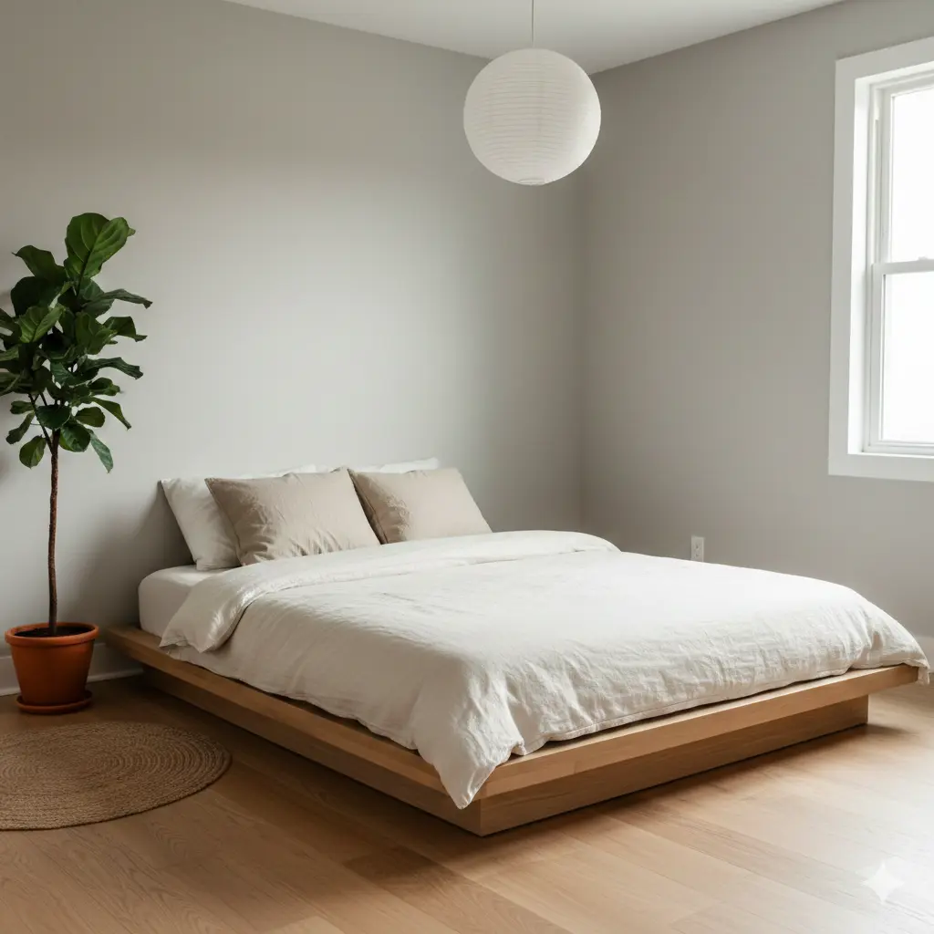 A serene minimalist bedroom featuring a low wooden bed frame, neutral linens, and a single green plant, demonstrating balanced energy flow.