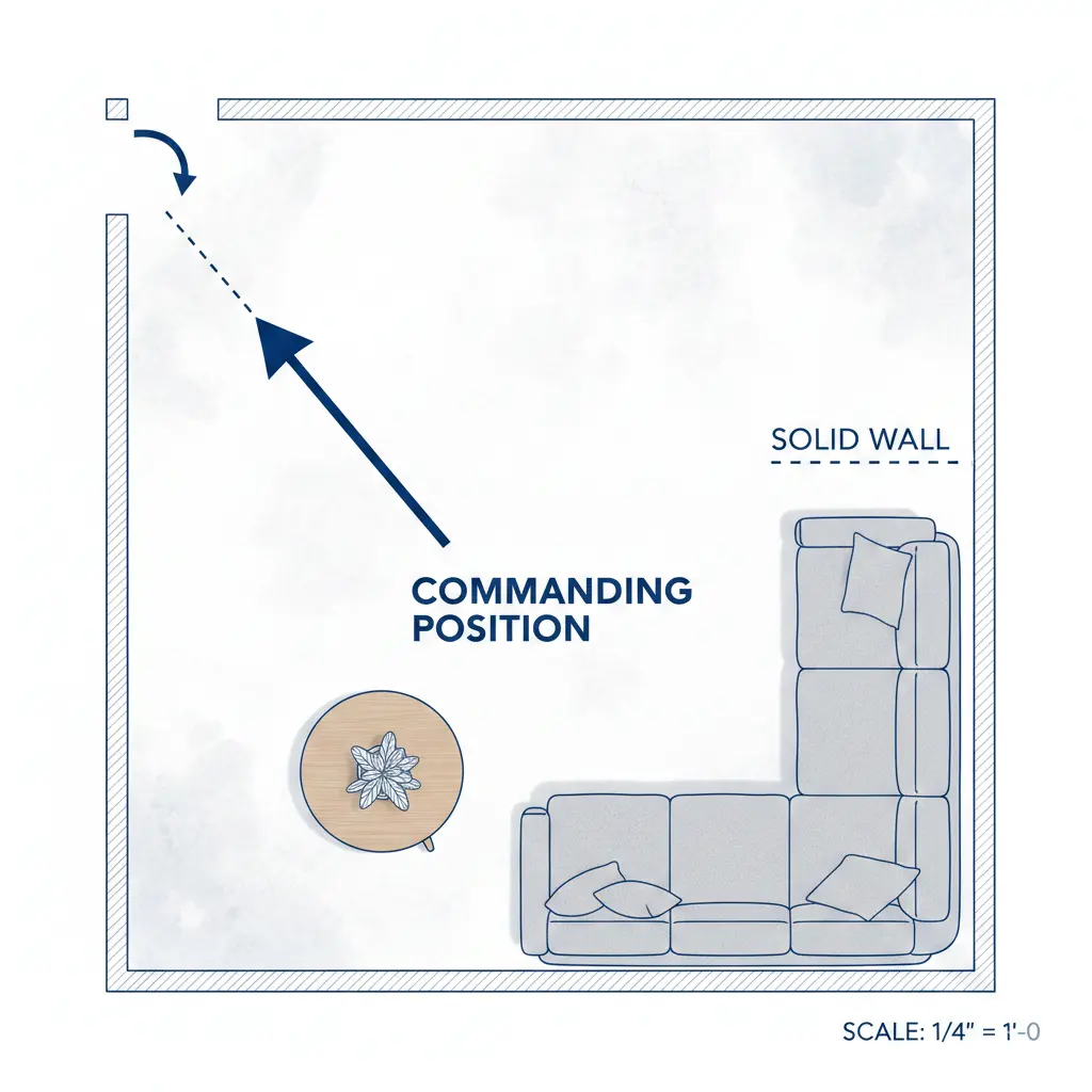 A minimalist living room floor plan highlighting a sofa placed against a solid wall, diagonally across from the entrance, labeled as the commanding position.