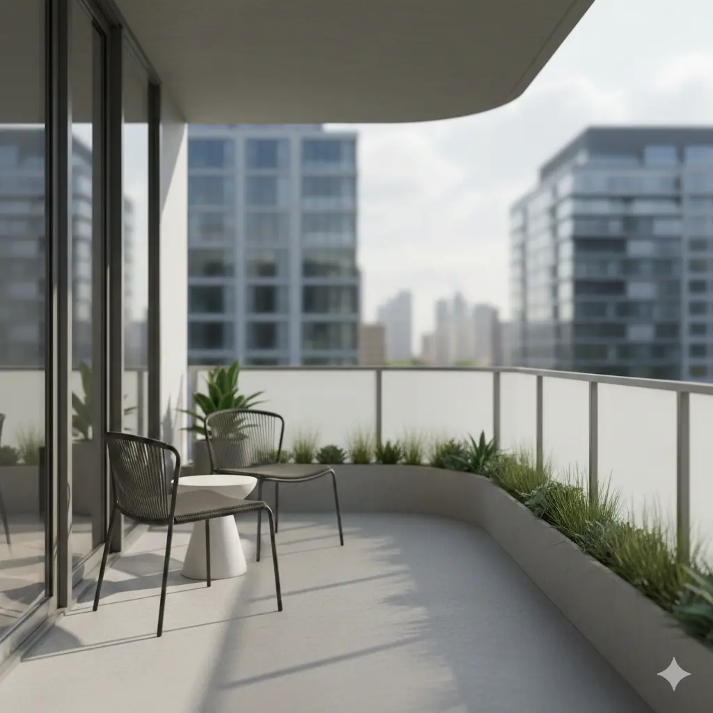 A minimalist urban balcony layout featuring two slim chairs and a small table placed to allow clear walking paths and energy flow.