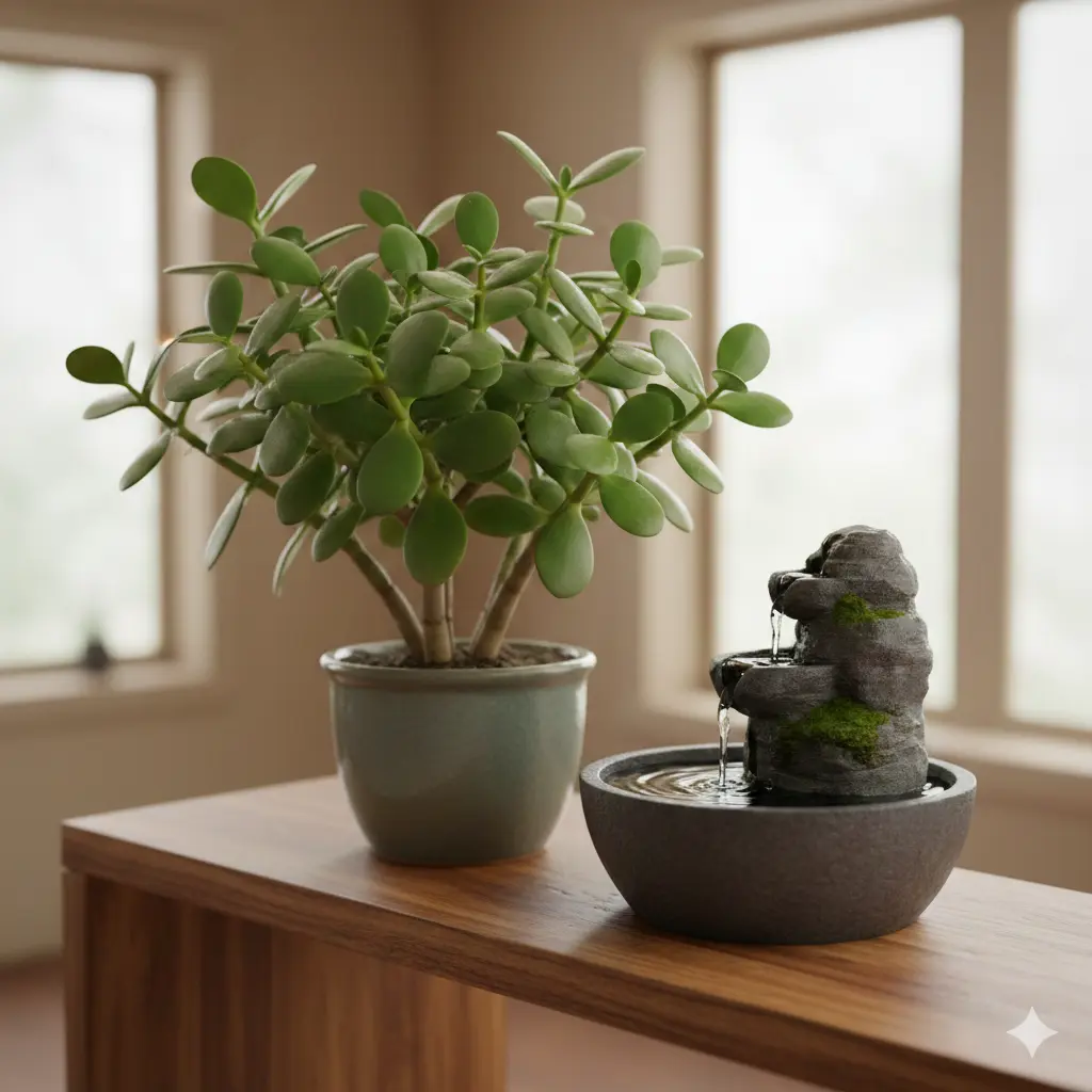 A vibrant green Jade plant sitting on a wooden shelf next to a small water fountain, representing the Wood and Water elements working together.
