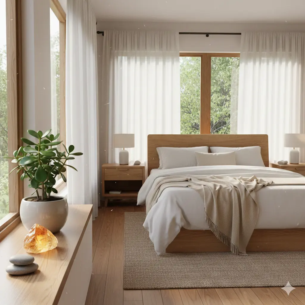 A bright, airy bedroom with a small potted jade plant and a citrine crystal on a windowsill, capturing the essence of feng shui with natural stones.