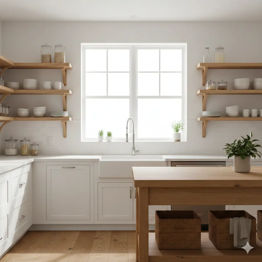 An airy, organized kitchen with white walls, wooden shelves, and plenty of natural light streaming through a window.