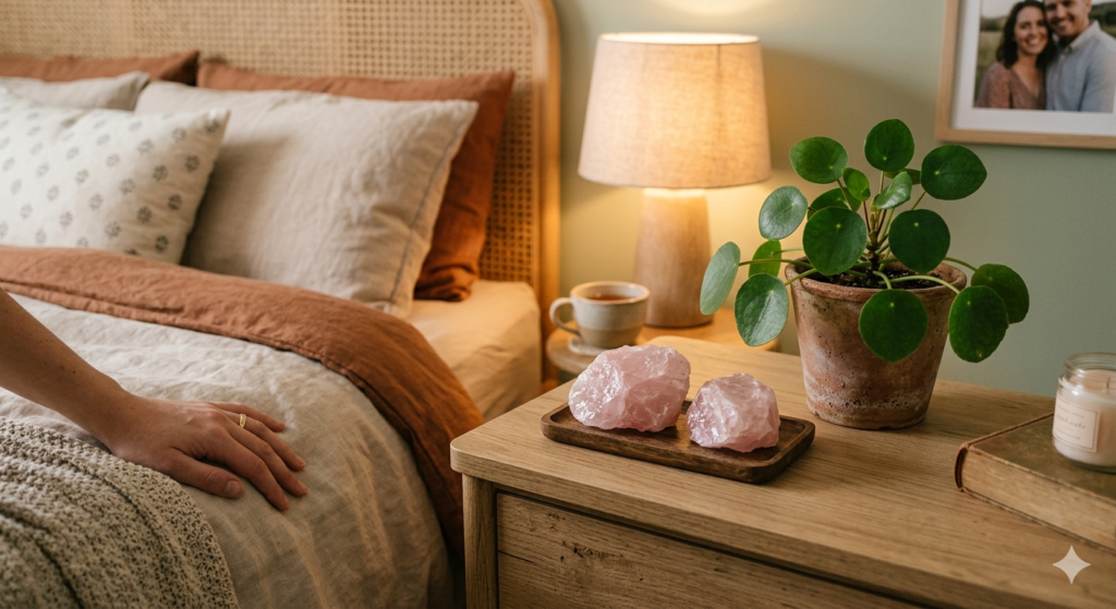 A bedroom nightstand with a pair of rose quartz crystals and a small rounded-leaf plant, representing love and vitality in a couple's space.