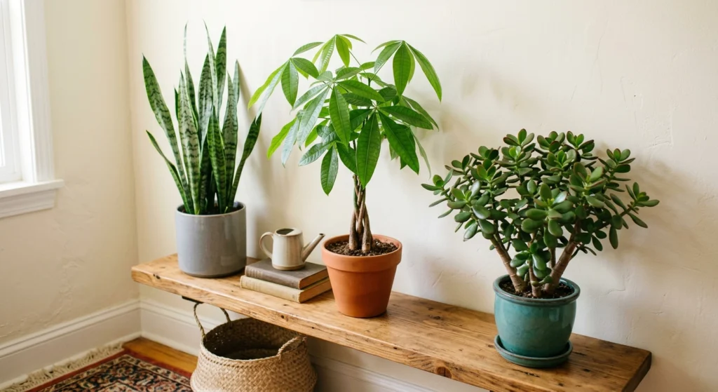 A collection of indoor plants including a Snake Plant, Money Tree, and Jade Plant arranged on a wooden shelf