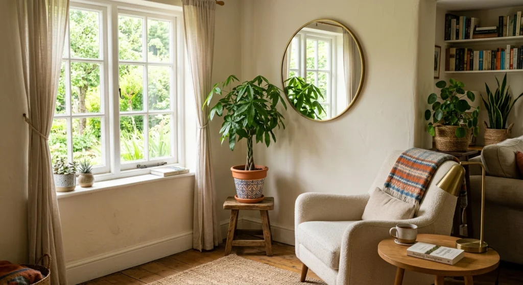 A cozy, small living room with a Money Tree in the corner and a bright, airy window reflecting in a side mirror