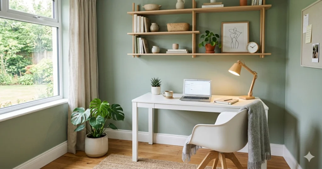 A harmonious home office color palette showing sage green walls, a white desk, and light wood shelves to promote tranquility and focus