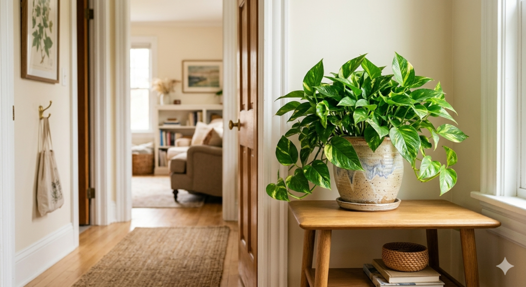 A lush green Money Plant in a ceramic pot placed on a side table near a doorway to enhance energy flow.