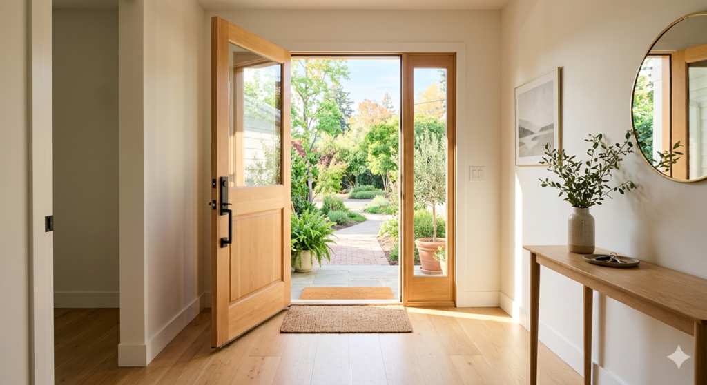 A minimalist apartment entrance with a clear floor path and a door opened wide to invite sunlight and positive chi