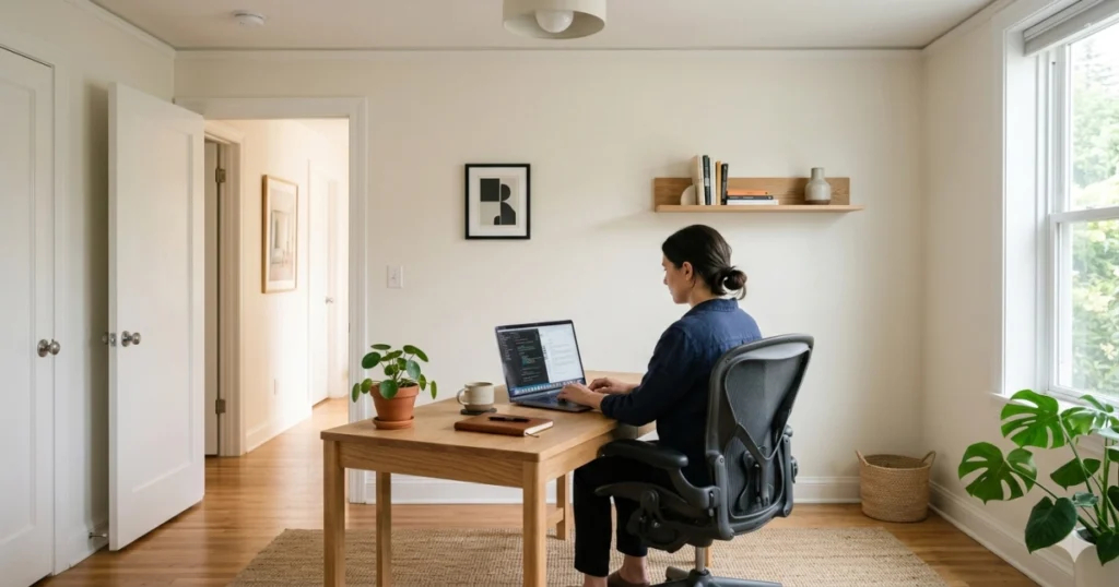 A minimalist home office featuring a wooden desk placed in the command position with a clear view of the door and a solid wall behind the ergonomic chair for support.