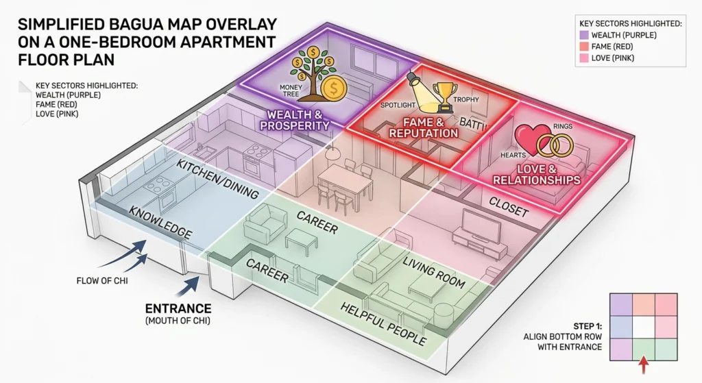 A simplified Bagua map overlay on a one-bedroom apartment floor plan showing wealth, fame, and love sectors