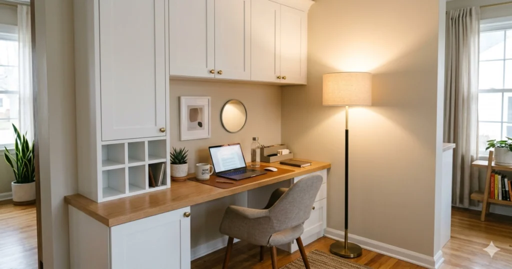 A small, organized home office nook featuring closed white cabinets for storage and a tall lamp providing warm, upward-facing light