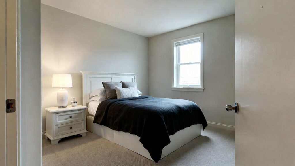 A small, tidy bedroom with a bed positioned away from the door line, showing a clear path for energy flow and minimalist furniture.