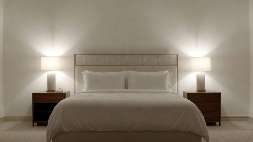 A symmetrical bedroom setup featuring a bed with two identical wooden nightstands and soft lamps, illustrating feng shui balance for couples.