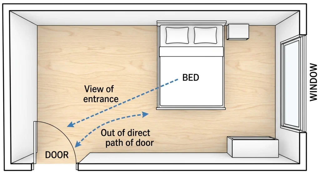 A top-down diagram showing a bed in the commanding position relative to the door and window in a small bedroom